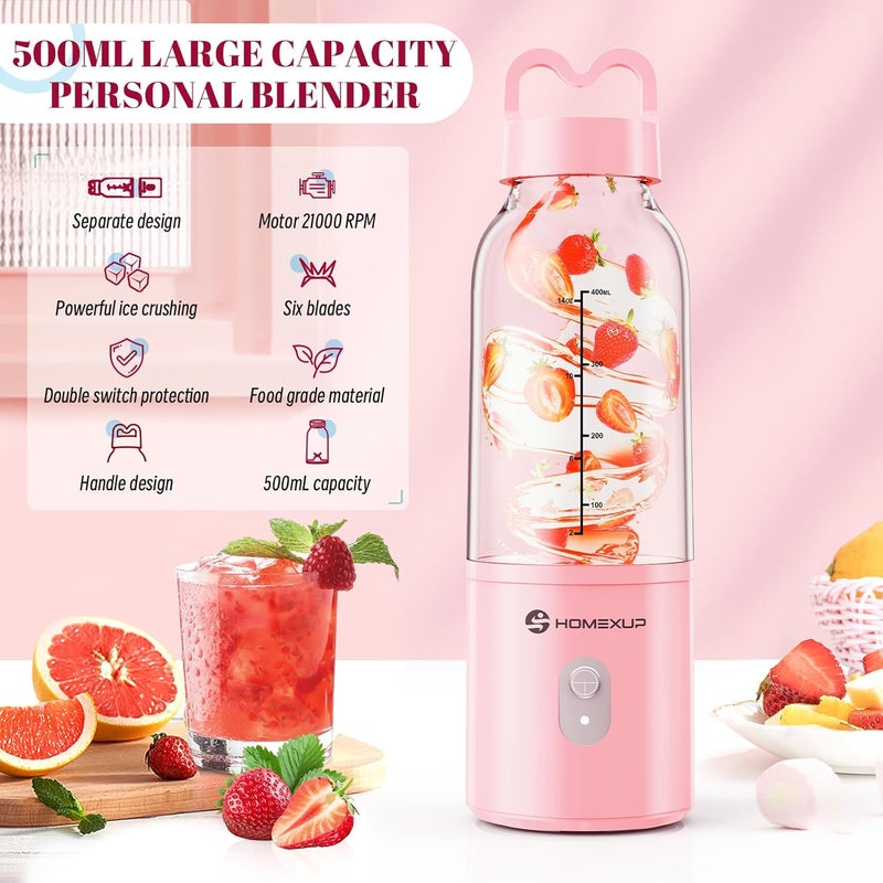 HOMEXUP Portable Personal Blender 17 OZ/500 ML Juicer, 175W Personal Size Blender, Ideal for Smoothies, Ice Blending, Juicing, and Food Processing, Compact, Convenient, and Versatile (Pink) - Image 2